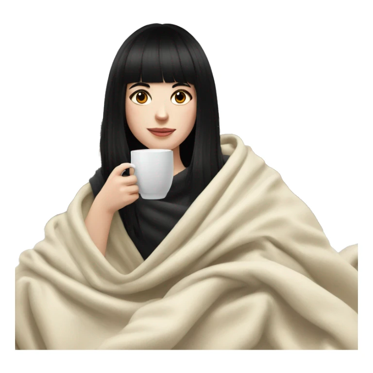 Portrait Girl pale skin with black hair and bangs drinking tea  with a blanket around her  sticker
