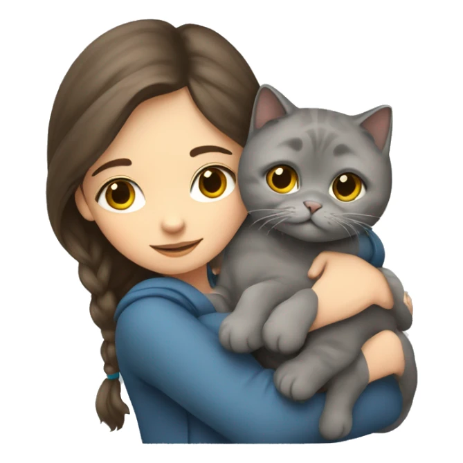 A brunette girl hugs a grey Scottish fold cat sticker