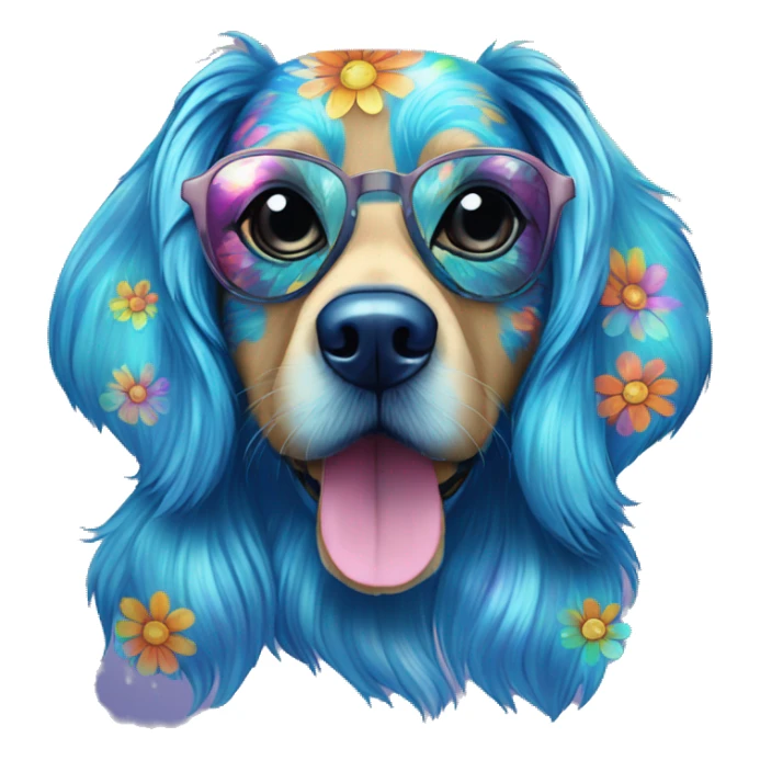 Multicolored retro groovy hippie trippy floral patterns on a metallic holographic iridescent blue dog face  sticker