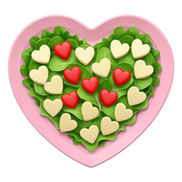 green salad in a light pink heart shaped plate sticker