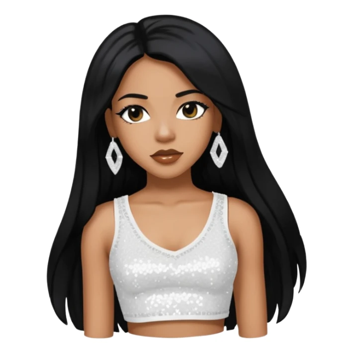 Aaliyah with long black hair, white sequin crop top, medium dark skin sticker