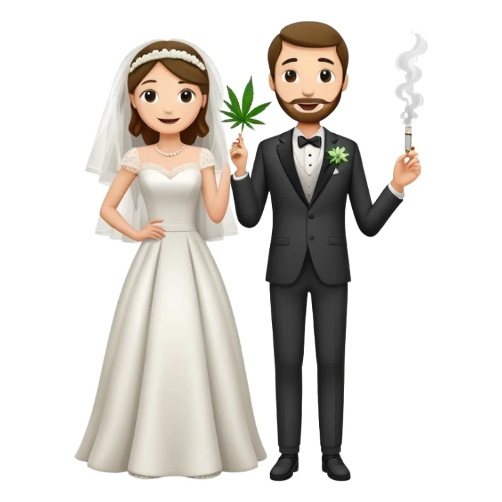 Wedding bride and groom, full body, smoking cannabis together, happy faces sticker