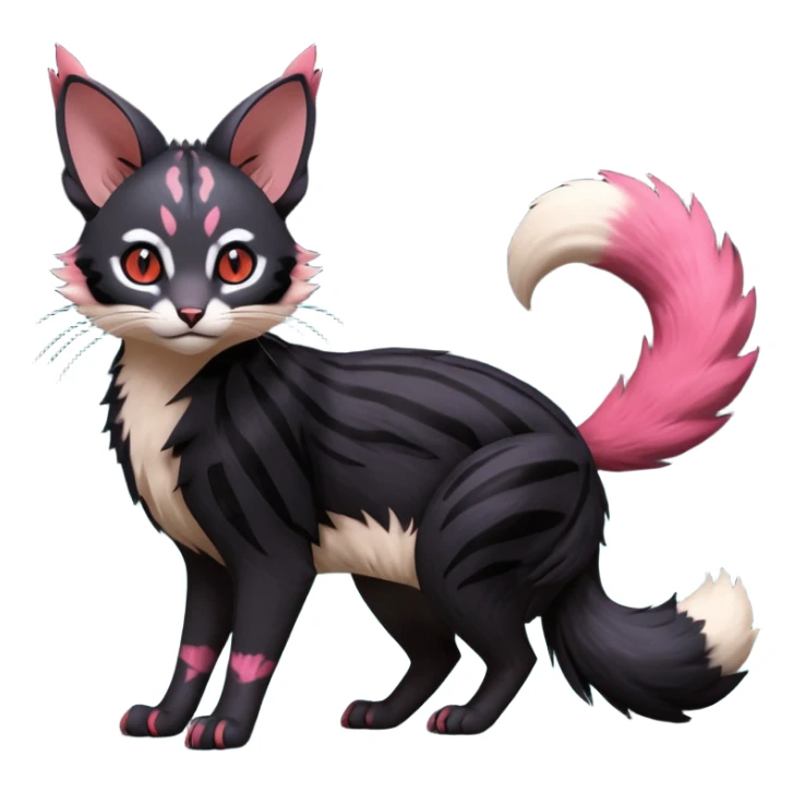 Hyper realistic  void-black fur haunted by crimson neon pulse-lines like living circuitry beautiful elegant pretty precious cute  Fakémon-Pokémon-opossum-feline-serval-caracal-chinchilla-Furret-Minccino-hybrid-creature with a big fluffy bushy tail (full body) sticker