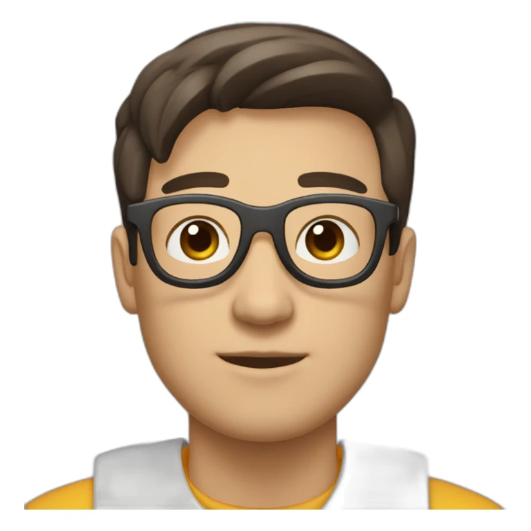 male engineer with white skin, dark brown straight hair spreaded from middle, brown eyes, circular glasses sticker