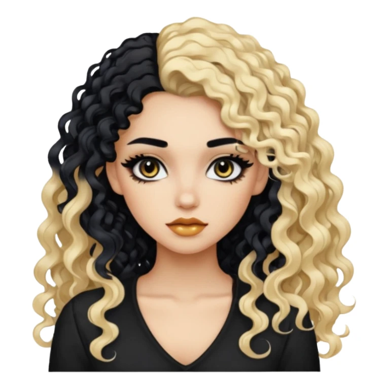 split dye leftside blonde rightside black hair, baddie, pretty makeup, black eyeliner, long curly hair sticker