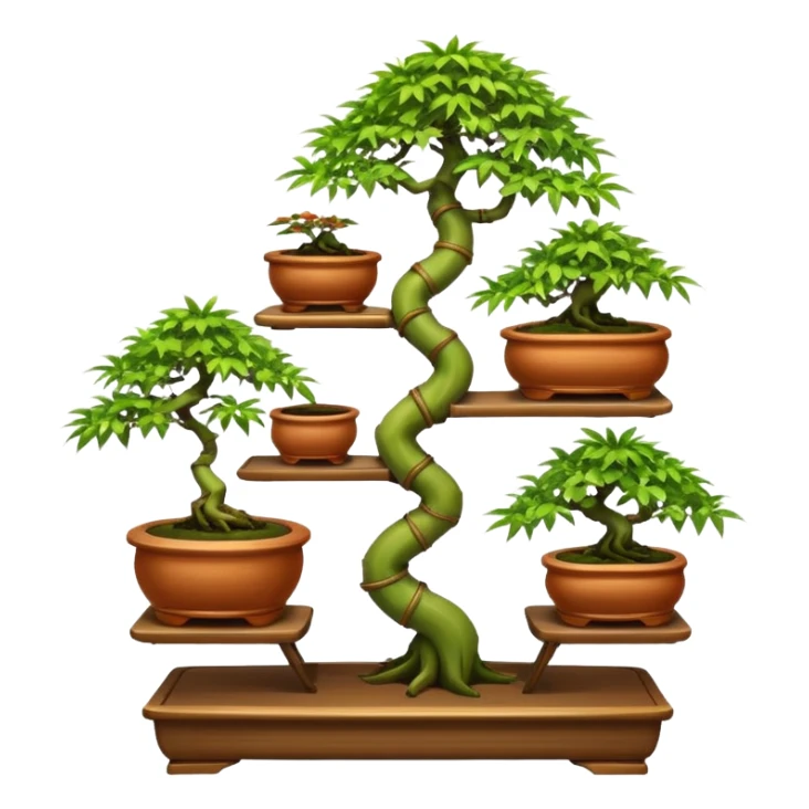 Twisted bamboo floor shelf unit stand displaying hair leaf maples and bonsai plants(in shallow bonsai pots) cluttered because they have too many  sticker