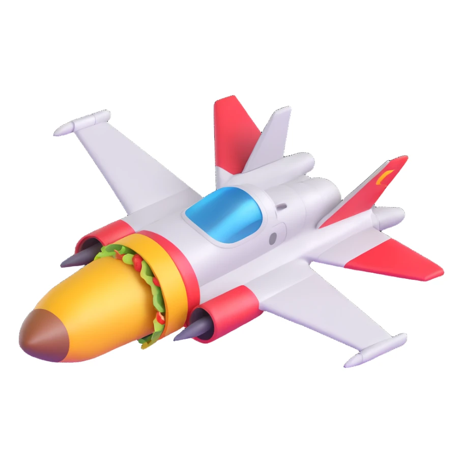 jet fighter inspired by Top Gun, holding a taco emoji under its wing, energetic and fun sticker