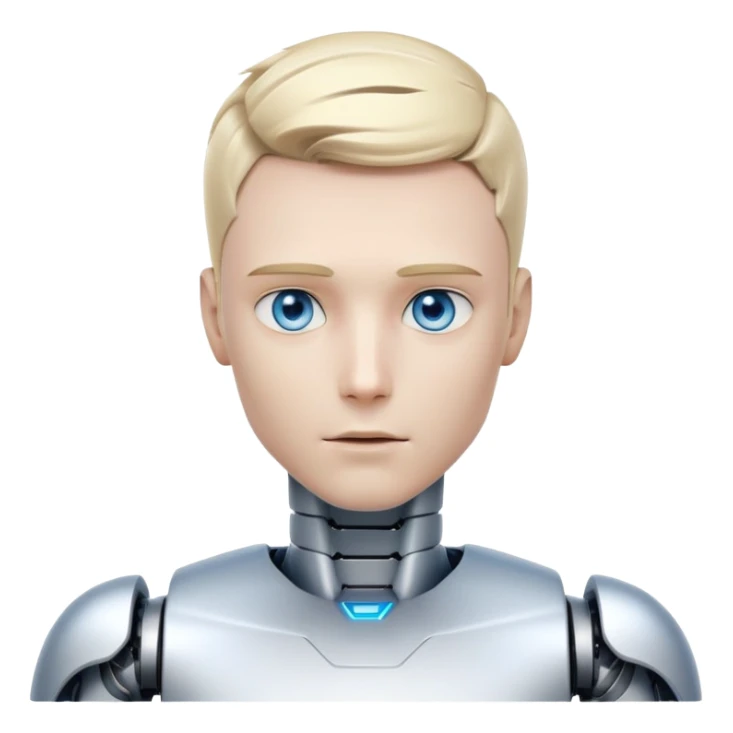 Male humanoid robot with short blond hair, metallic face, digital eyes, sharp jawline, futuristic sticker