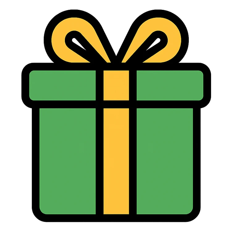 Add color to the gift icon using a green box with a gold ribbon, maintaining the clean, minimal icon style. sticker