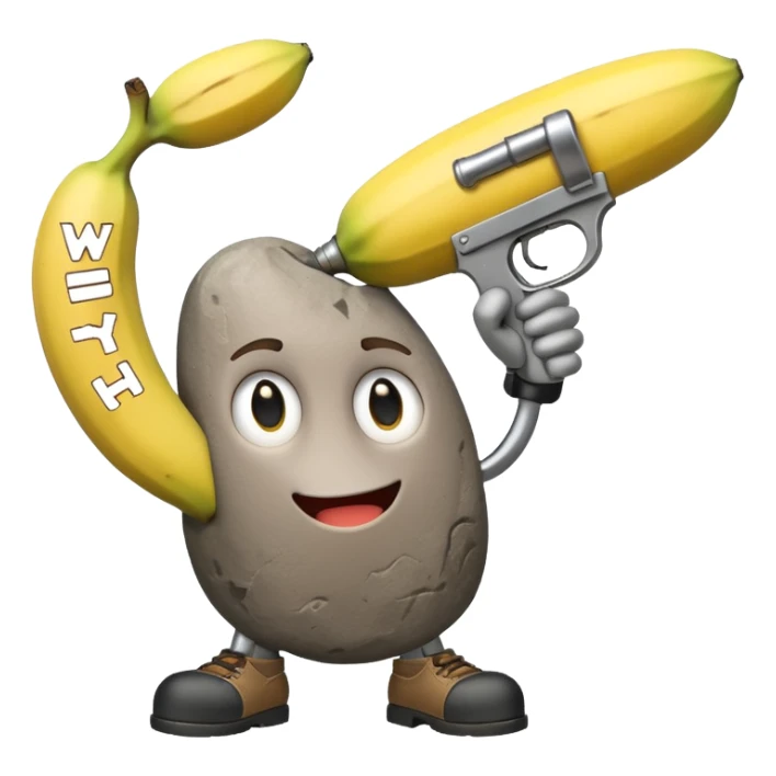 a rock with a banana gun saying why sticker