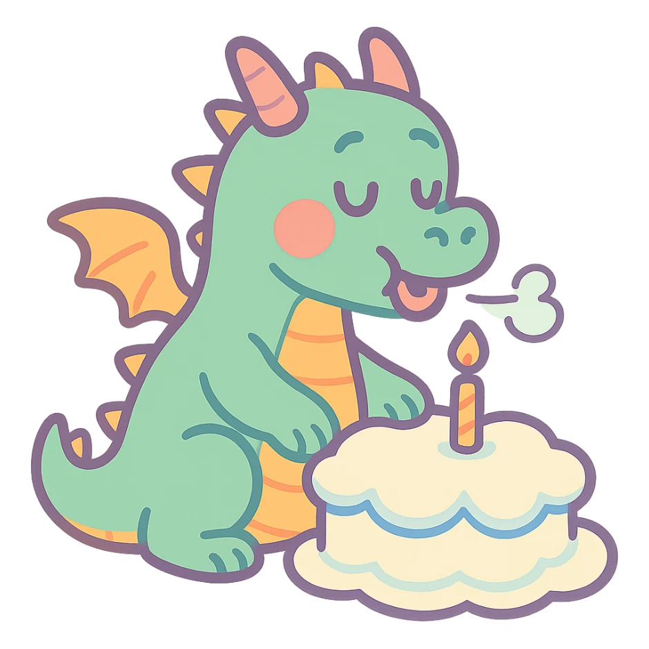happy dragon blowing out 1 candle on cloud cake, pastel-toon style sticker