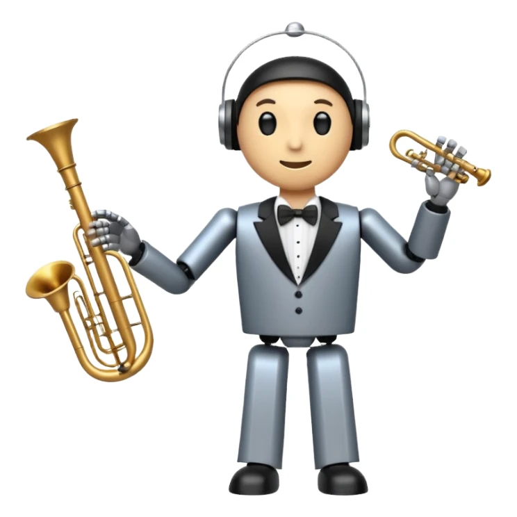 robot a sophisticated and elegant emoji that represents orchestration and arrangement. The design should feature a conductor’s baton, musical notes, and a symphonic score, symbolizing the process of arranging and orchestrating music. Incorporate instruments like a violin, trumpet, sticker