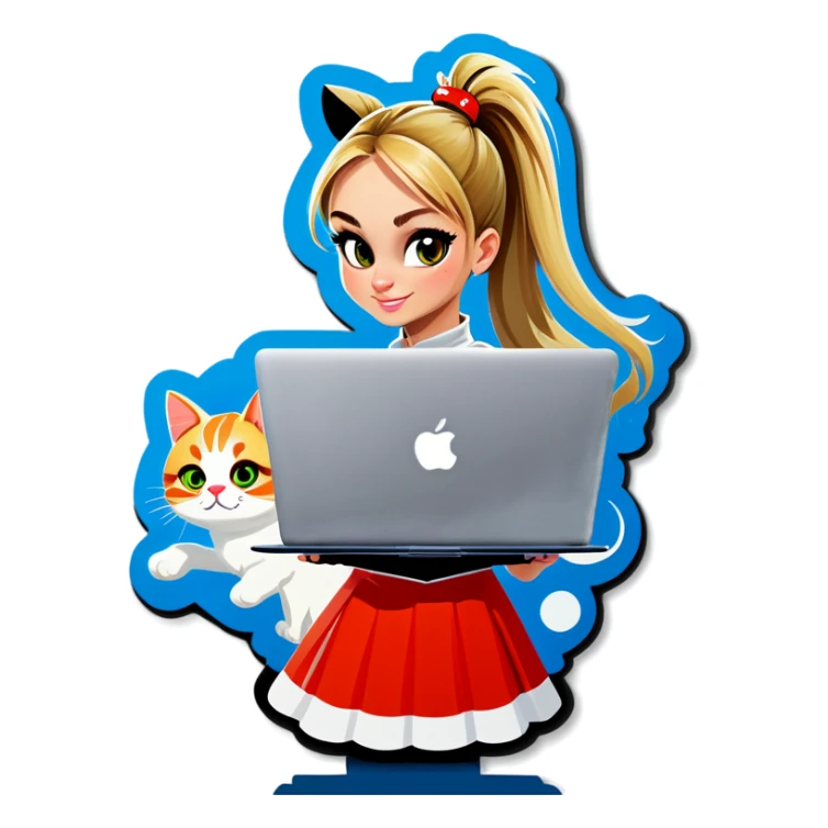 Blonde girl ponytail macBook and a cat sticker