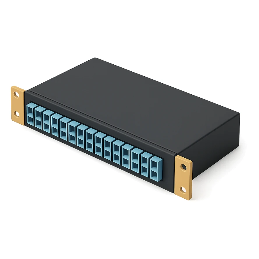 A 19-inch telecommunications optical cross-connect in a 3D style, using a color palette of three colors (5EC6F1/F9DCAF/353946) sticker