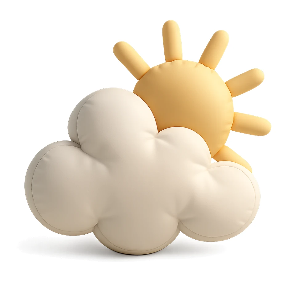 plush cushion cloud with sun rays, partly cloudy weather, soft edges, cushion style sticker