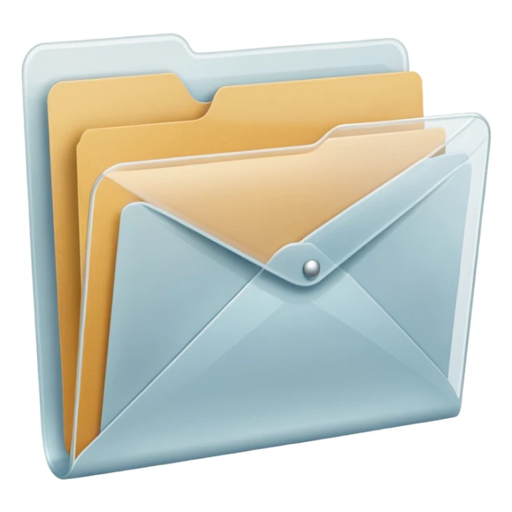 A simple emoji-style icon of a transparent white plastic folder, minimal and clean, with a visible envelope inside labeled “Henry Ballester”, subtle translucency, rounded corners, and soft shading. sticker