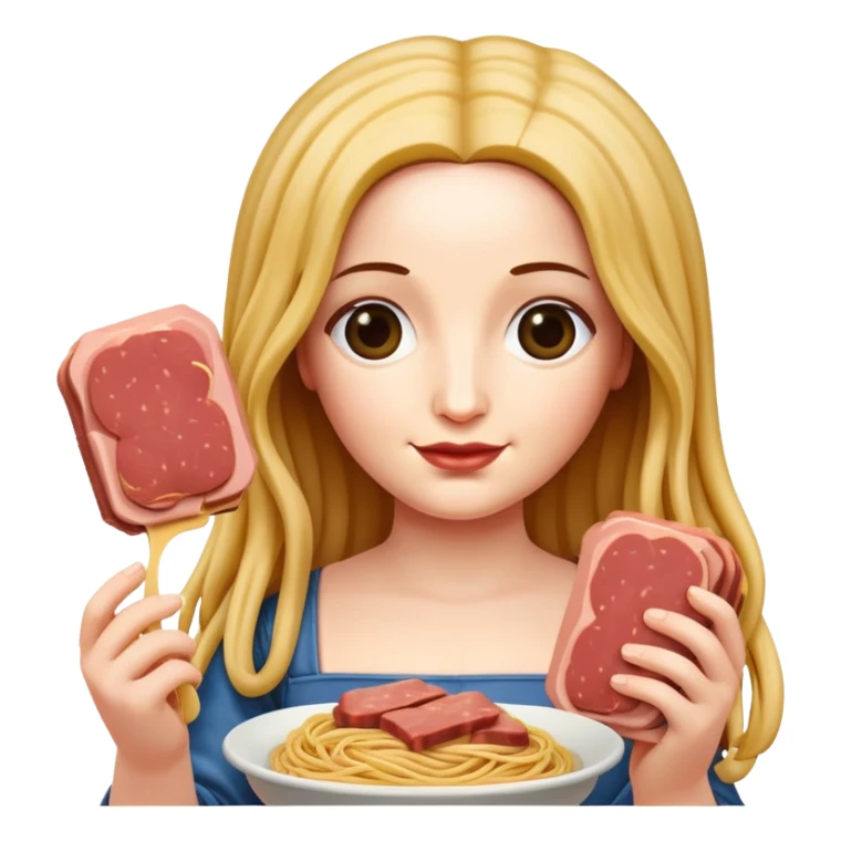 monalisa portrait with flowing spaghetti hair holding spam meat sticker