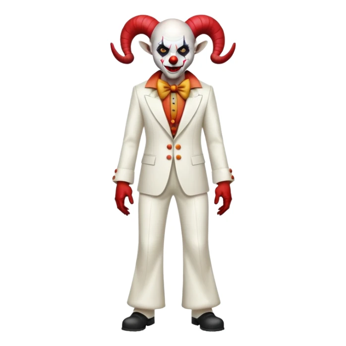 full-body demonic clown in a white leisure suit with bellbottom pants, bald, with black ram horns sticker
