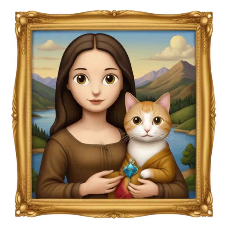 gold frame, painting, Mona Lisa in brown clothes, with cat sticker