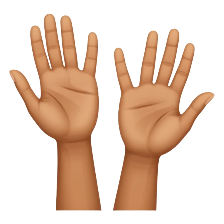 Two upward facing hands one a Little higher than the other. Over the one on the left there is a 6 and over the one on the right there is a 7   sticker