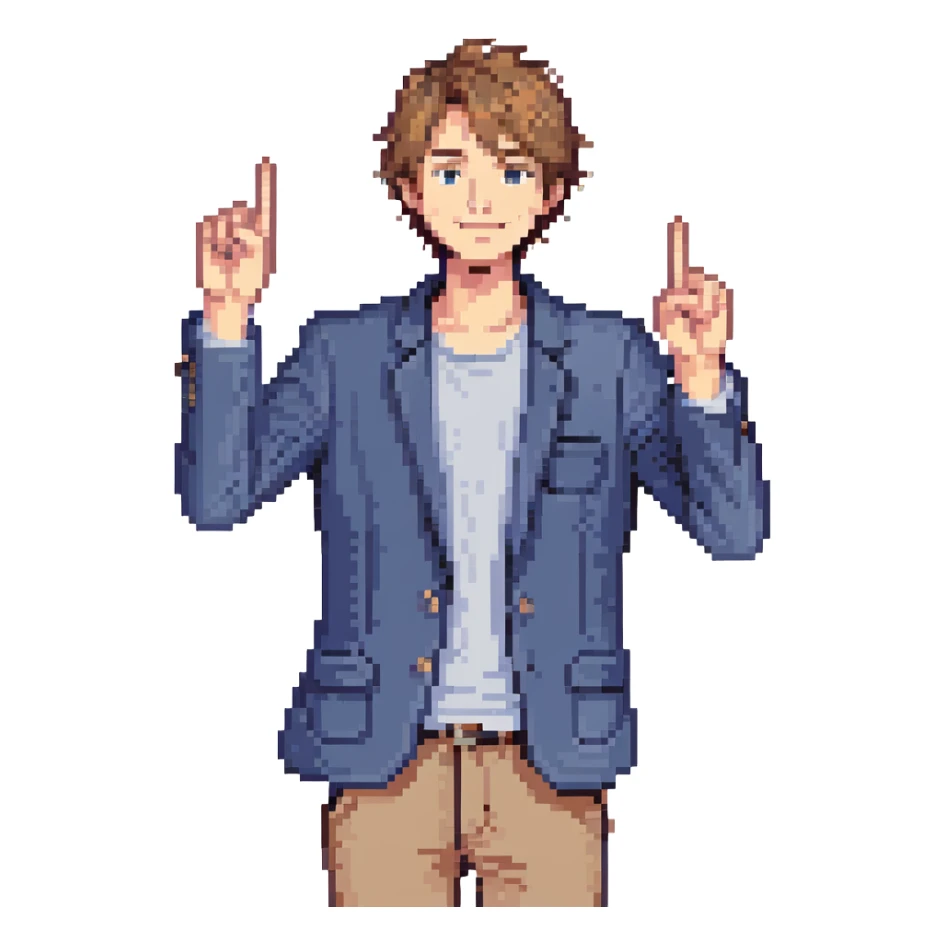 Flat pixel are, lively and clever male debater, fair skin, short messy light brown hair, sharp eyes with a mischievous smile, wearing indigo blazer over a casual t-shirt, one hand raised mid-gesture, waist-up, front-facing sticker