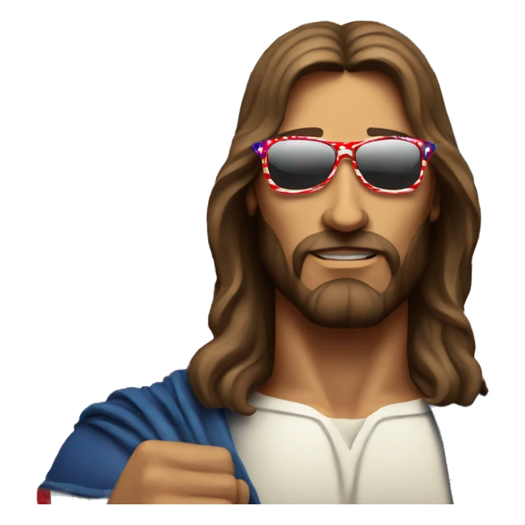 Muscular Jesus wearing sunglasses and holding the American flag sticker