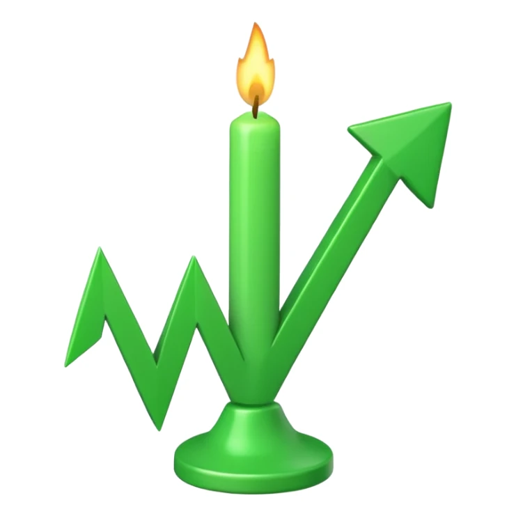 iOS-style 3D emoji: rising green candlestick chart with an upward-pointing arrow sticker