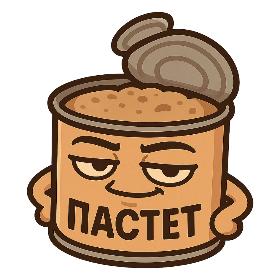 Chibi open pâté can character, masculine confident look, relaxed smug smile, heavy eyelids, strong outline, simple emoji style, neutral warm colors, minimal design, Twitch emote optimized, Cyrillic text "ПАСТЕТ" bold and clear sticker