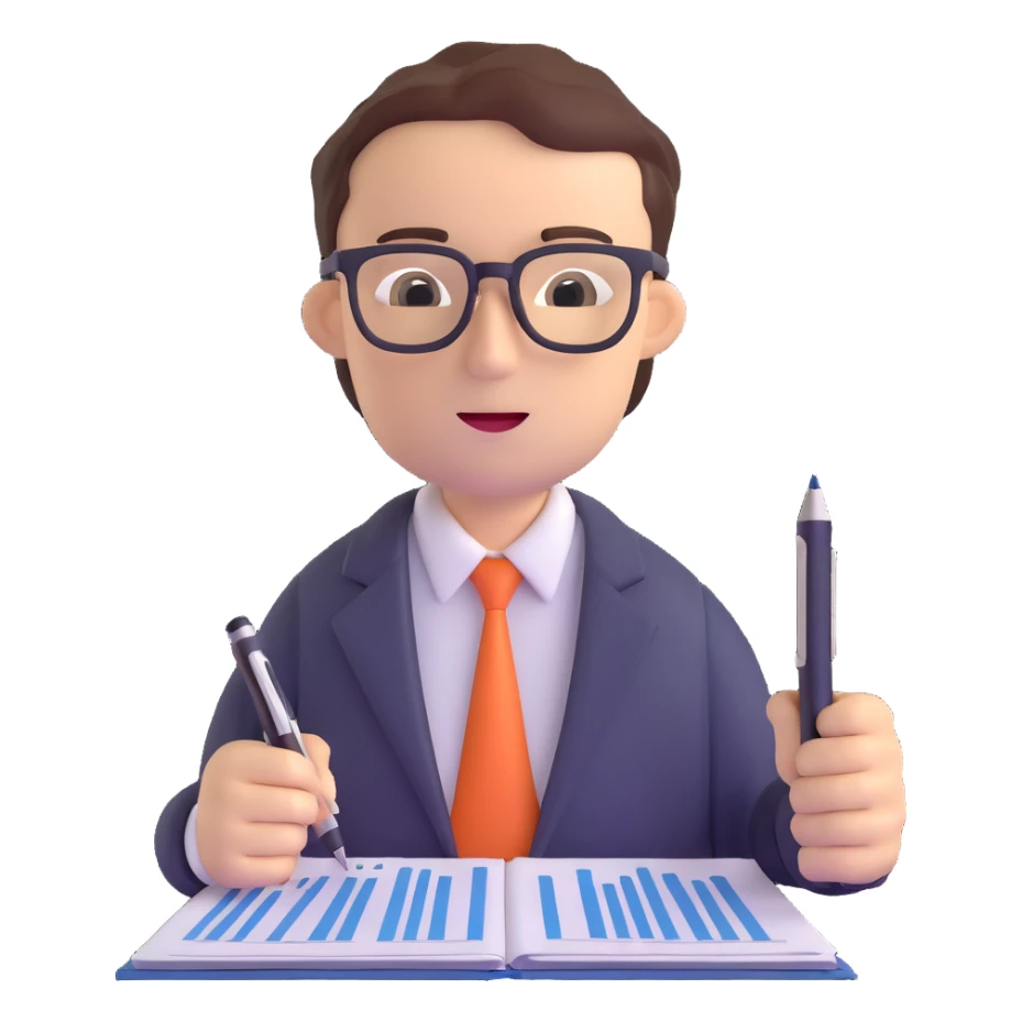 male accountant with financial reports, pen and glasses sticker