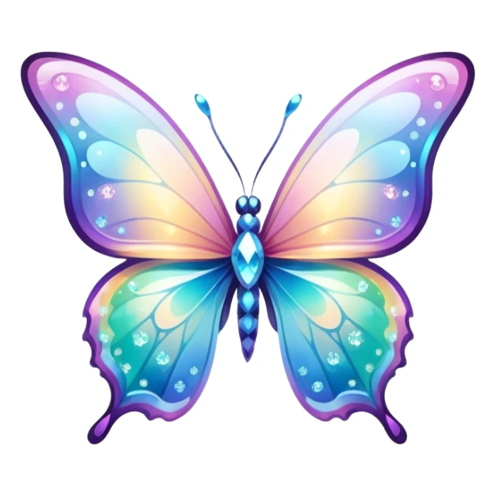 Transparent Shiny Glossy Pastel Gradient Hue Iridescent Crystal Butterfly with bright sparkles and sparkling glitter swirling around it sticker
