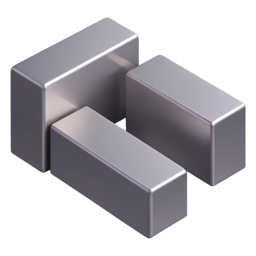 three long steel blocks, isometric view, two on the bottom and one on top, metallic shine, rectangular shape sticker
