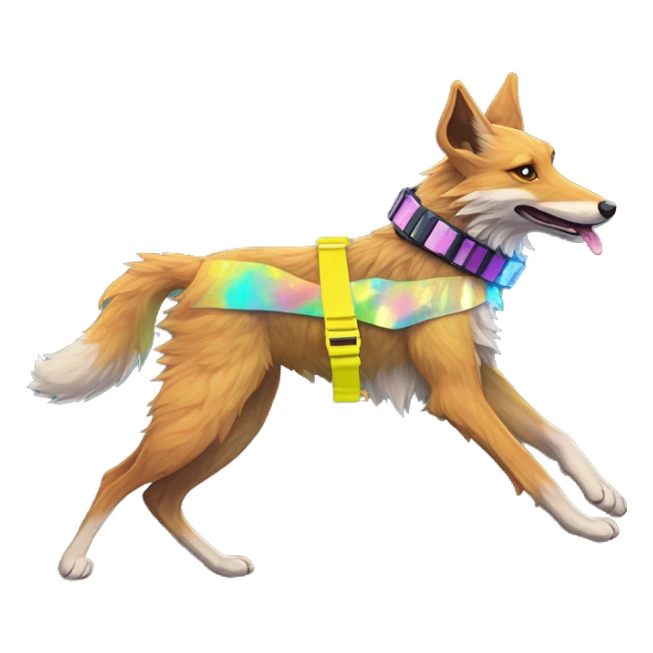  brindle fluffy lurcher Alsatian fox running blue eyes fluffy ears and iridescent holographic oilslick harness wearing paper iridescent tropical flower crown yellow caution tape neon sign sticker