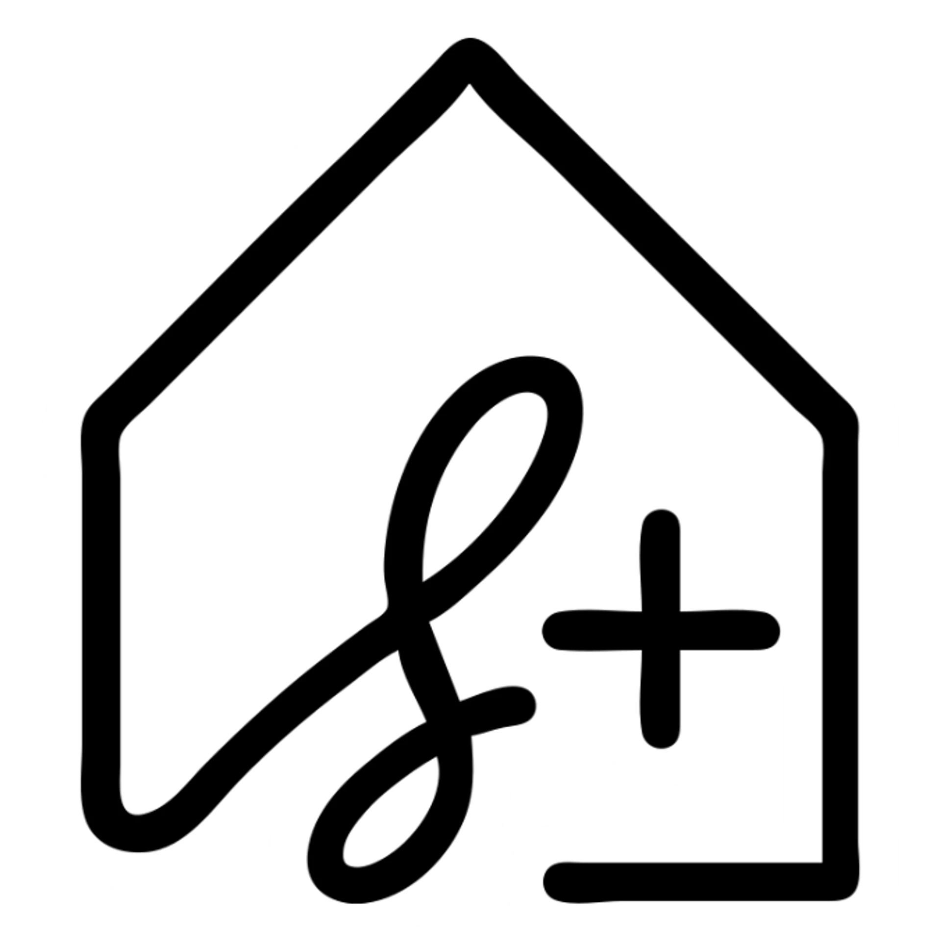 stylized house silhouette formed by a combination of a signature and a plus sign, elegant and minimal, logo-like sticker