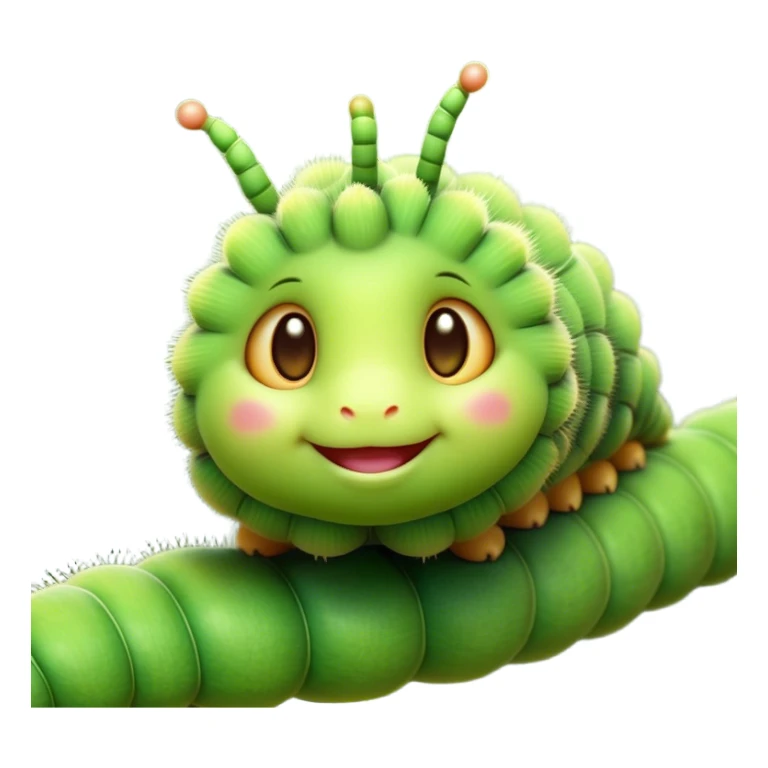 Cinematic Cute Caterpillar Portrait Emoji, Head tilted playfully and inquisitively, featuring a small, fuzzy body with rounded, plump segments, soft, endearing eyes and a charmingly wiggly movement, Simplified yet irresistibly adorable features, highly detailed, glowing with a warm, inviting green glow, high shine, affectionate and lively, stylized with a touch of whimsical woodland charm, soft glowing outline, capturing the essence of a mischievous caterpillar that seems as if it could crawl out of the screen into your arms! sticker