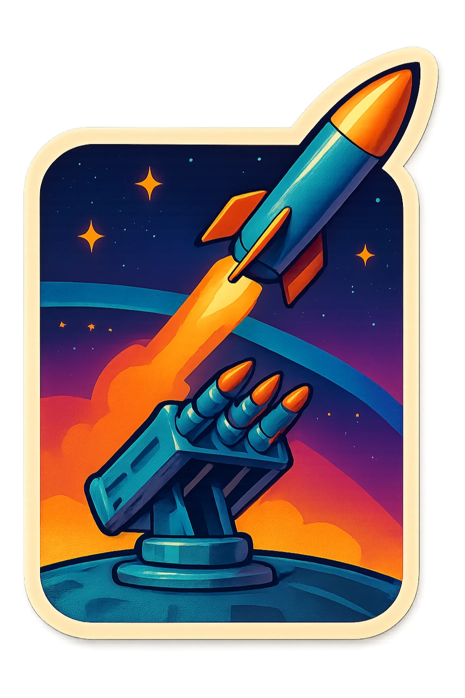 missile battery on a space station launching a missile, retro stickers style sticker