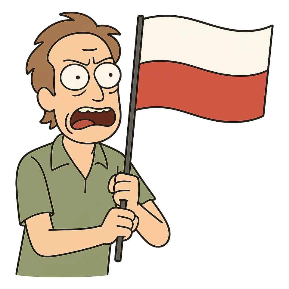 flag of Poland, minimalist, two horizontal bands, white on top, red on bottom, flat style sticker