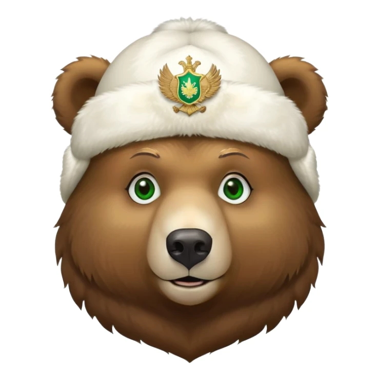 Cute Russian brown bear head with friendly expression and bright green eyes, wearing white furry ushanka hat with realistic double-headed eagle coat of arms centered sticker