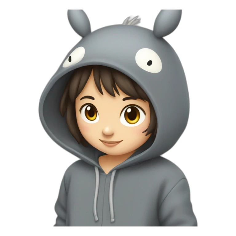Fille Brune avec un sweat-capuche Totoro gris foncé avec les rond clair de Totoro sur ventre  sticker