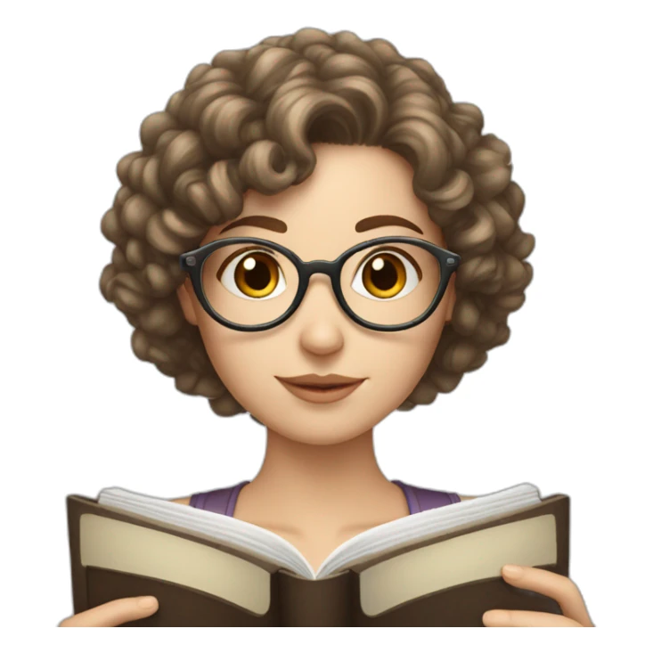 white girl with round silver glasses and really short brown curly hair reading a book sticker