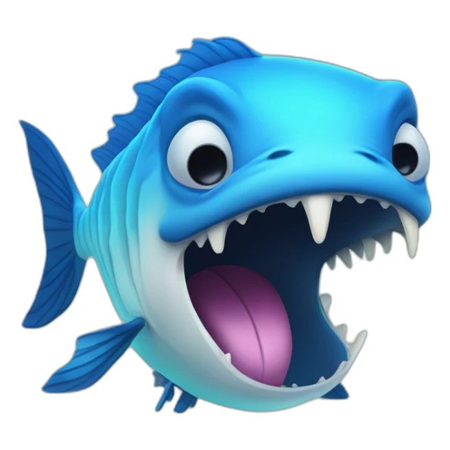 dark blue magic fat thing with a cyen face and a cyan fish fin and a open mouth and big teeth sticker