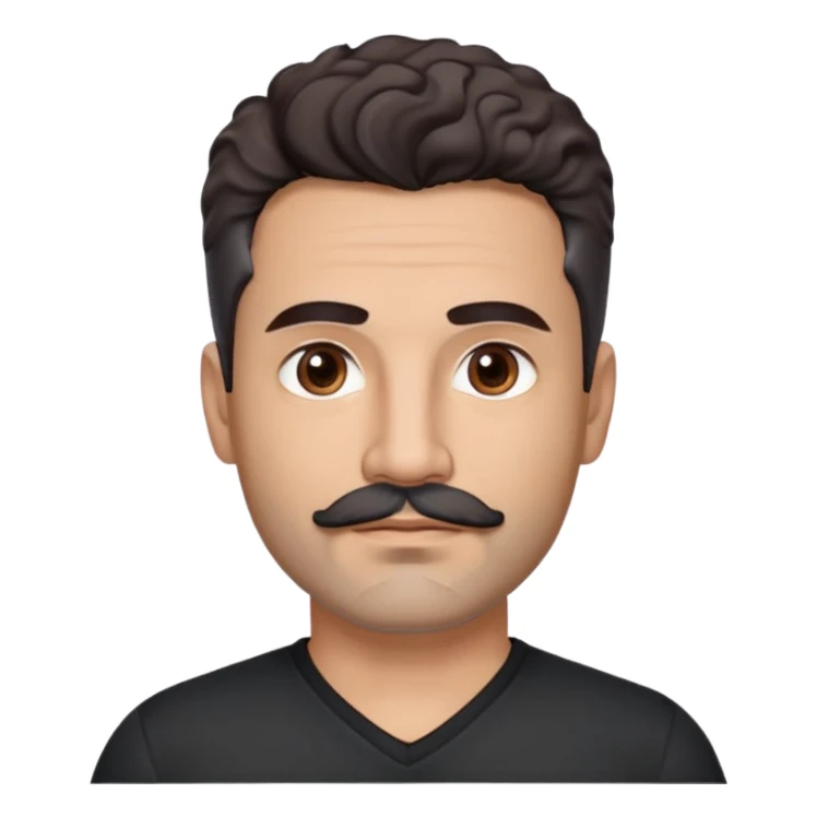 Hispanic man in his 40s with light cinnamon skin. Structured face with defined jawline. Calm brown eyes. Natural thick eyebrows. Connected mustache and chin beard (goatee) in black with a few gray hairs. Short curly dark hair. Wearing a black V-neck t-shirt. sticker