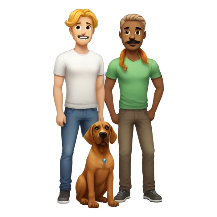 white man with rainbow colored hair and curled mustache standing alongside a brown rhodesian ridgeback dog sticker