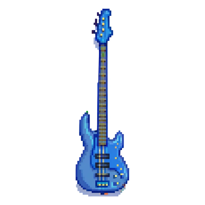 blue electric bass guitar, pixel art style sticker