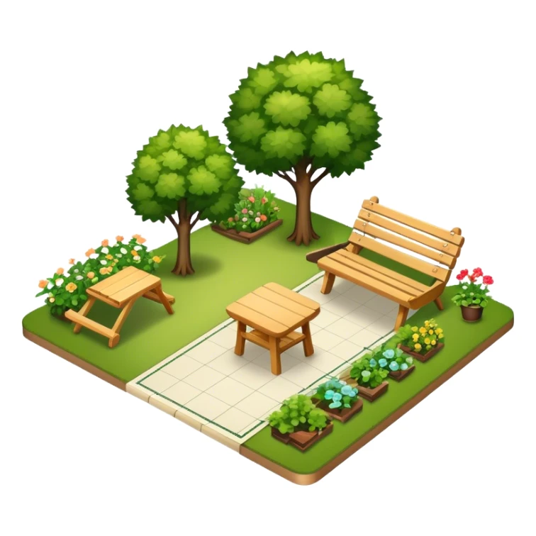 Icon for Landscape Design: a garden layout with trees, plants, pathways, and outdoor furniture, along with design tools like a ruler, pencil and sketchpad. The icon should represent the creativity and planning behind landscape design. Transparent background. sticker