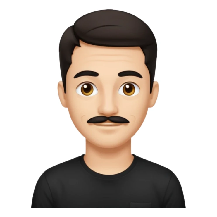 25 year old graphic designer, slightly receding dark hair, thin moustache, black earring on left ear, happy expression sticker