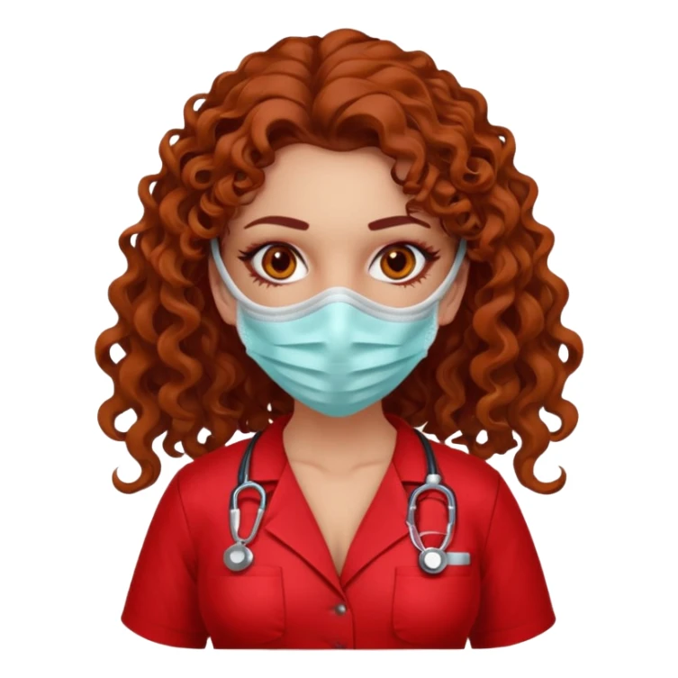 Sensual Spanish Lilith core evil surgeon.red outfit.  Surgeon has hazel eyes. Her hair is BROWN. Hair is also  long and  curly. wearing a sexy surgeon outfit with platform  heels.she is a calculated killer. She covers only her mouth and nose with mask to hide identity sticker