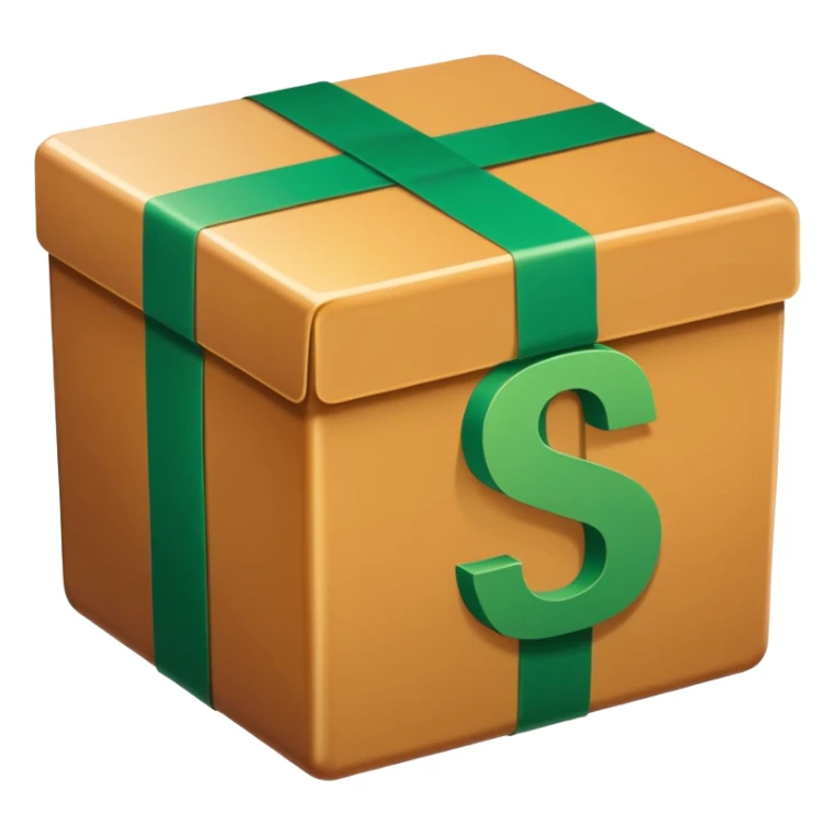Closed box facing forwards with semi rounded edges Light honey‑brown tape strip with a glossy highlight green bill with a bold white dollar sign, anchored at the bottom left of the box create depth with slight shadows Plain white background for that crisp, emoji‑ready finish sticker