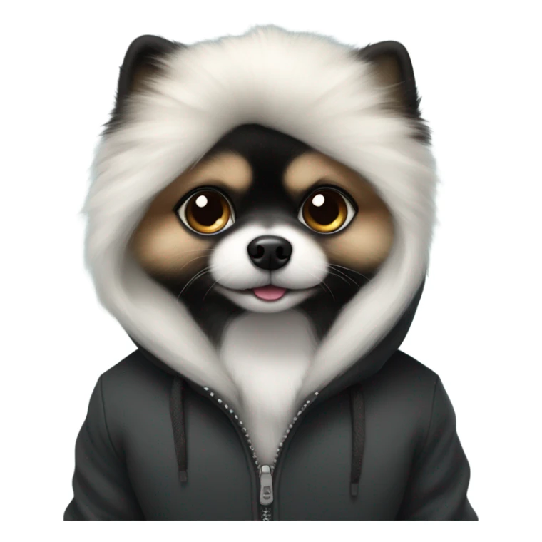 White with a little black Pomeranian in a hoodie sticker