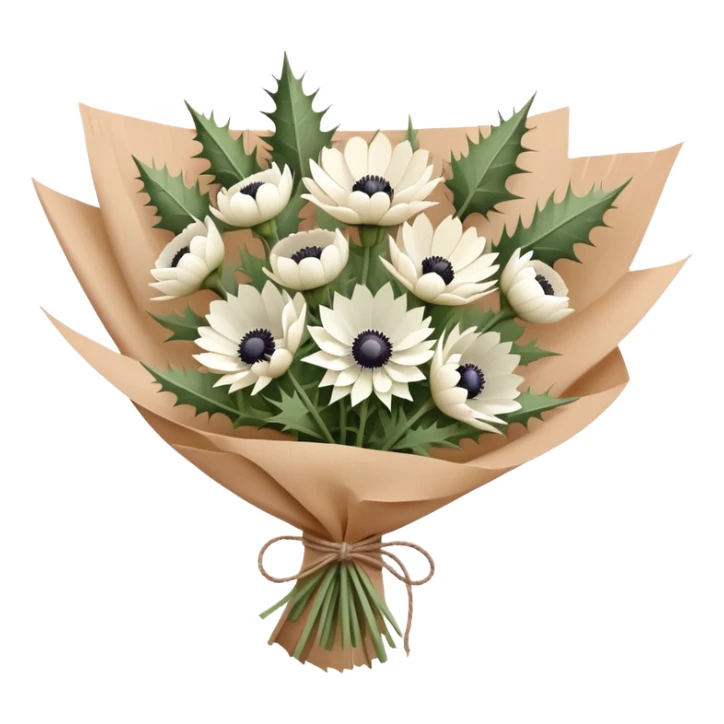 Bouquet of thistles and white anemone in brown paper   sticker