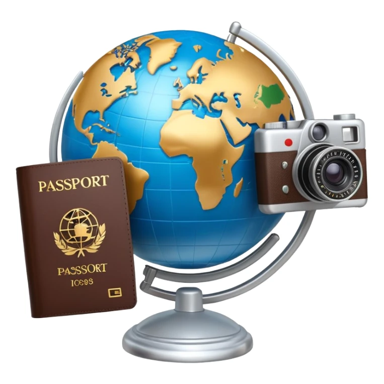 Globe with passport and camera, world travel sticker